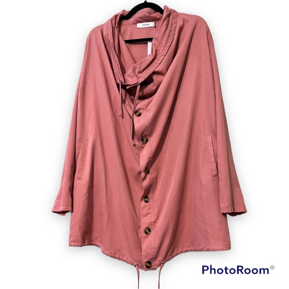 JUSTFAB size XL lightweight jacket cowl neck button down blush pink with pockets